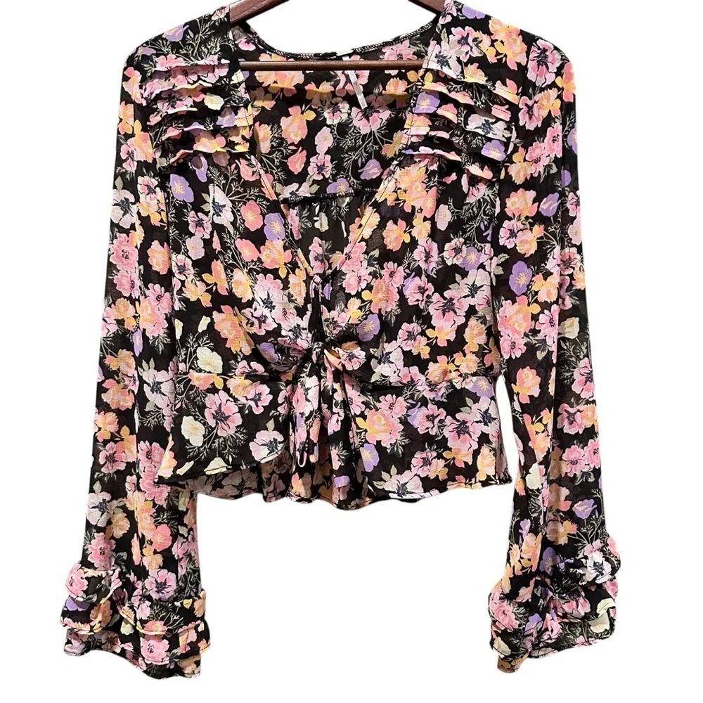 Free People Long Sleeve Maybel Blouse Women's Floral Print Black Combo Size XS - Picture 2 of 12